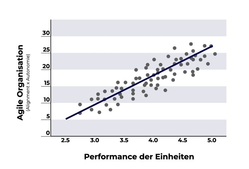 Korrelation zwischen Performance mit Alignment & Autonomy in Organisationseinheiten, eigene Darstellung in Anlehnung an: Gibson & Birkinshaw; Academy of Management Journal 2004, Vol. 47, No. 2, 209–226.